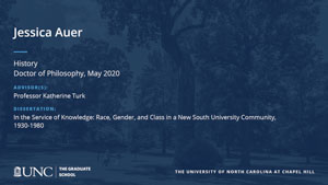 Jessica Auer, History, Doctor of Philosophy, May 2020, Advisors: Professor Katherine Turk, Dissertation: In the Service of Knowledge: Race, Gender, and Class in a New South University Community, 1930-1980