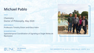 Michael Pablo, Chemistry, Doctor of Philosophy, May 2020, Advisors: Professors Timothy Elston and Klaus Hahn, Dissertation: Spatiotemporal Coordination of Signaling at Single Molecule Resolution