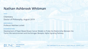 Nathan Ashbrook Whitman, Chemistry, Doctor of Philosophy, August 2019, Advisors: Professor Matthew Lockett, Dissertation: Development of Paper-Based Breast Cancer Models to Probe the Relationship Between the Tumor Microenvironment and the Estrogen Receptor Alpha Signaling Pathway