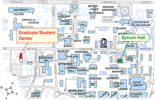 Map of Bynum Hall and the Graduate Student Center. Directions are described in pages text.